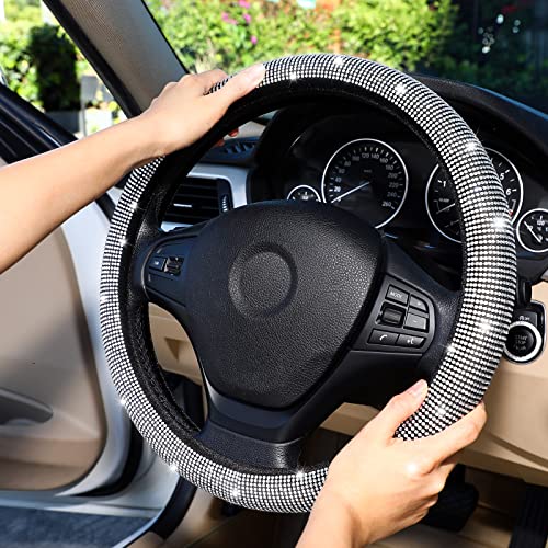 Bling Car Accessories Gorgeous 15 Inch Steering Wheel Cover With Bling Lgnition Ring Car Wheel Protector For Women Colorful Rhinestone Glitter Car Accessories For Vehicle (White) #TOP1