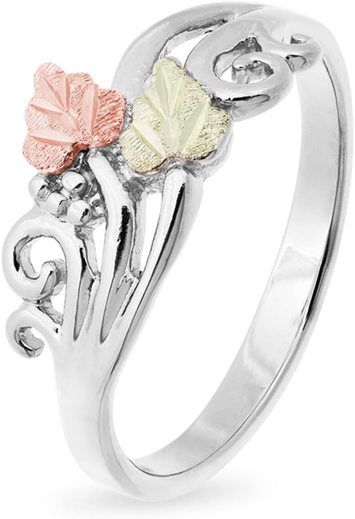 Leaf and Scrolling Vine Ring, Sterling Silver, 12k Green and Rose Gold Black Hills Gold Motif