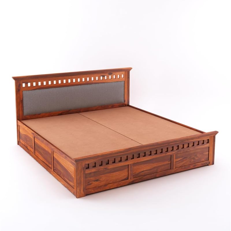 Image of Amazon Brand - Solimo Solid Sheesham Wood Kuber Queen Size Upholstered Bed with Box Storage + 2 Bedside | Wooden Queen Size Cot Bed | Double Bed with 2 Bedside Furniture for Bedroom (Honey Finish)