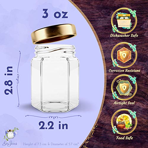 Gojars Hexagon Glass Jars 3oz Premium Food-grade. Mini Jars With Lids For Gifts, Wedding Favors, Honey, Jams And More. (24, 3oz) - Thumbnail 5