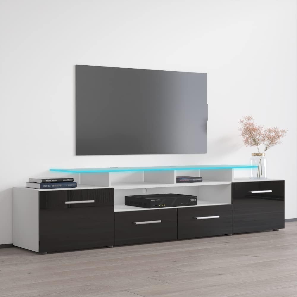 Meble Furniture Evora Wide High TV Stand — Modern High Gloss Finish — LED Lighting & Storage Cabinets, 76 Inches — White/Black