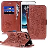 JanCalm iPhone 8 Plus Wallet Case, iPhone 7 Plus Case, [Wrist Strap] Premium PU Leather [Dream Catcher Pattern] [Multi Card/Cash Slots] Stand Flip Cover for iPhone 7/8 Plus + Crystal Pen (Brown)