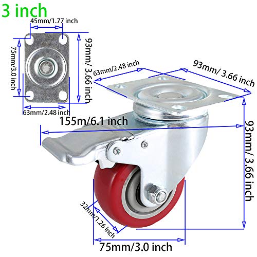 Image of DICASAL 3 Inch Swivel Casters with Brakes, Heavy Duty Plate Casters No-Marking Quiet Red PU Castor Load Upto 1200 Lbs Pack of 4.