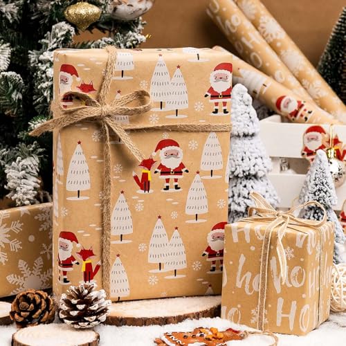 Homeral Kraft Christmas Wrapping Paper Rolls - Santa Claus, Snowflakes and Letters Gift Wrap Set for Christmas, New Year Celebration, Holiday - 3 Rolls - 17 Inch x 120 Inch Per Roll by Homeral - Used condition - Image 2