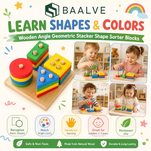 Image of Wooden Angle Geometric Stacker Shape Sorter Blocks,Educational Intelligence Early Learning Column Puzzle Stacking Toy Set for Todder Kids Boys & Girls (Pack of 1, Multicolour, 16 Pieces).