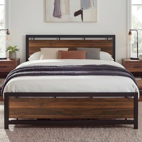 Image of LIKIMIO King Bed Frame with Headboard and Footboard, Metal Strong Supports, Easy Assembly, Noise-Free, No Box Spring Needed, Dark Walnut
