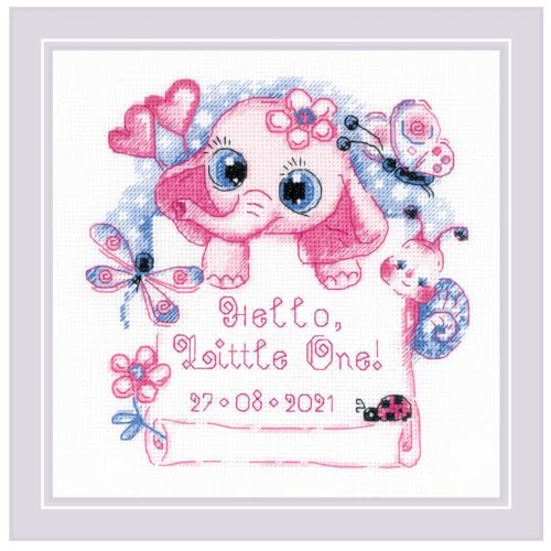 Image of RIOLIS - Hello, Little One! (for a girl) 1934, Cross Stitch Kits 6 inchx6 inch, Cross Stitch Kits for Beginners & Advanced, Crossstitching Kit, Embroidery Counted Stitching Kit, Girl Birth Record Announcement