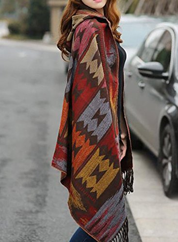 futurino Women's Bohemian Aztec Print Blanket Poncho Hoodie Cape Shawl with Tassels3