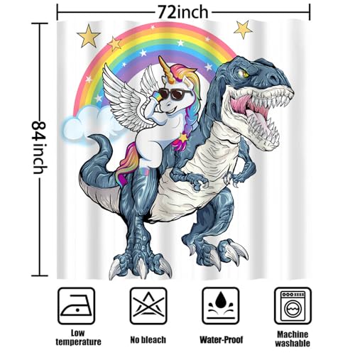 Image of Funny Unicorn Riding Dinosaur Shower Curtain, Cool Cute Cartoon Space Colorful Rainbow Fantasy Galaxy Shower Curtains for Kids Boys Girls Bathroom Set Decor, Waterproof Durable with 12 Hooks, 72x84