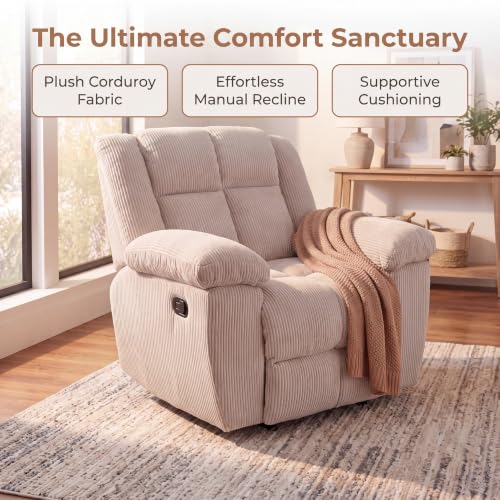 Image of Oversized Corduroy Manual Lounge Recliner Chair Bed, White