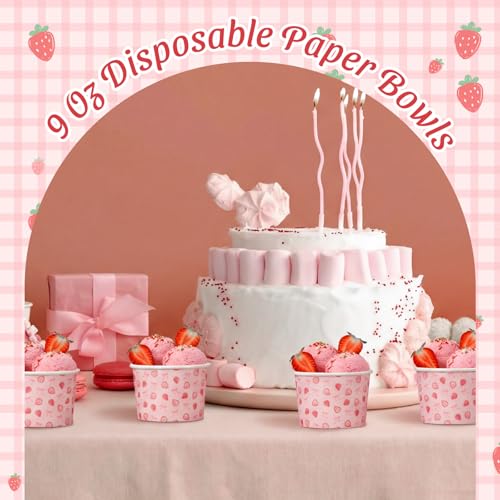 Image of Funnymoom 50 Pack Strawberry Ice Cream Cups 9 oz Bow Berry Sweet Disposable Dessert Bowls Pink Coquette Strawberry Paper Soup Bowls Snack Cups for Hot or Cold Food Baby Shower Wedding Birthday Party
