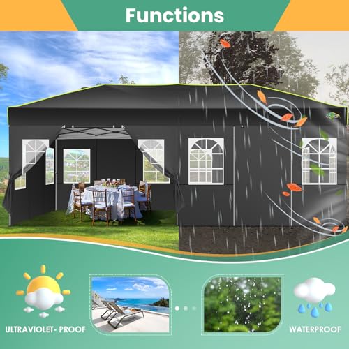 Image of COBIZI 10x20 Pop Up Canopy Tent, Outdoor Party Tent with 6 Sidewall One Push Setup Glow, 3 Adjustable Height Air Vent Waterproof UPF50+, Bag, 4 Sandbag, 6 Stake, 12 Rope for Beach, Commercial