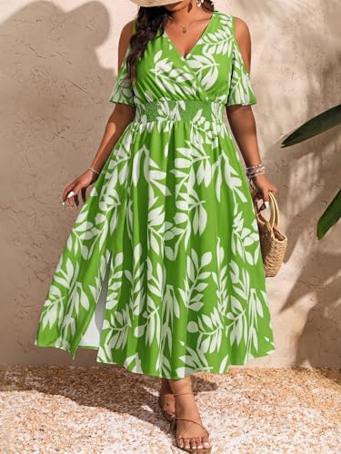Image of Floerns Women's Plus Size Cold Shoulder Tropical Print V Neck Flared A Line Long Dress