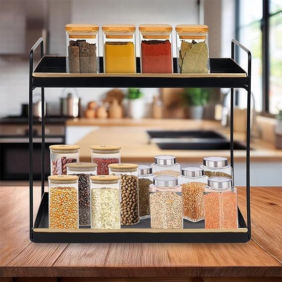 Image of Niyara Iron Metal Heavy Duty Stand 2-Tier multistorage /Multipurpose Standing Rack, Bathroom Countertop Storage Shelf Cosmetic Organizer Holder Kitchen Spice Rack, (Square Black with Gold)