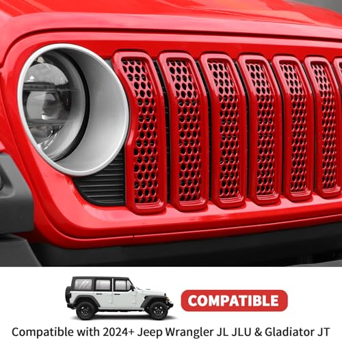 Image of Front Grill Insert Mesh Grille Inserts Cover Kit 7Pcs Compatible with 2024-2025+ Jeep Wrangler JL JLU & Gladiator JT Exterior Accessories (Red)