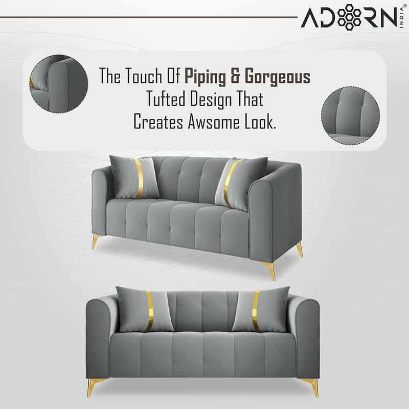 Image of Adorn India Premium Mystic - 3 Years Warranty - 3+2 Sofa Set Velvet Suede Fabric - Grey