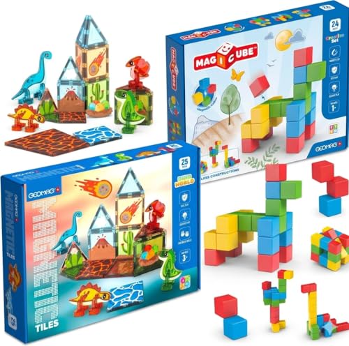 Image of Geomag Magnetic STEM Building Bundle - Magicube Montessori Blocks + Dinosaur Magnetic Tiles Set for Kids