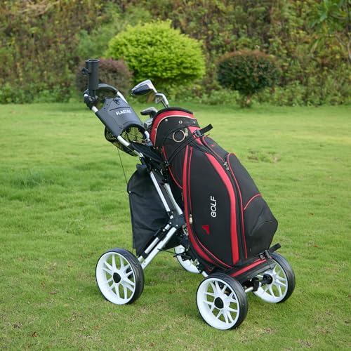 Image of Golf Push Cart 4-Wheels,Folding Golf Cart, Golf Pull cart with Cup Holder,Umbrella Holder,Cooler Bag, Foldable with one-Click,Handle Height Adjustable,Drink Holder,Walking Push cart