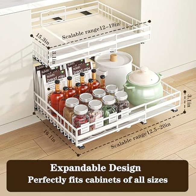 2pack Pull Out Cabinet Organizer, Expandable Slide Out Drawers for Kitchen Cabinets, Drawers Fixed with Adhesive Nano Film, Upgrade 3 Slide Rails, Adjustable Width 12-20.45 White