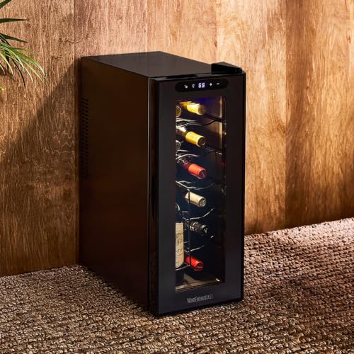 Image of Wine Enthusiast 12-Bottle Slimline Wine Cooler - Energy Efficient Freestanding Wine Refrigerator - Upright Bottle Storage, Adjustable Thermostat, Digital Touchscreen (20.3 inch x 10.4 inch x 25.4 inch)