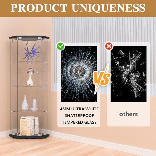 Image of Beauty4U Black 5 Corner Glass Display Cabinet, 4-Shelf Curio Cabinet