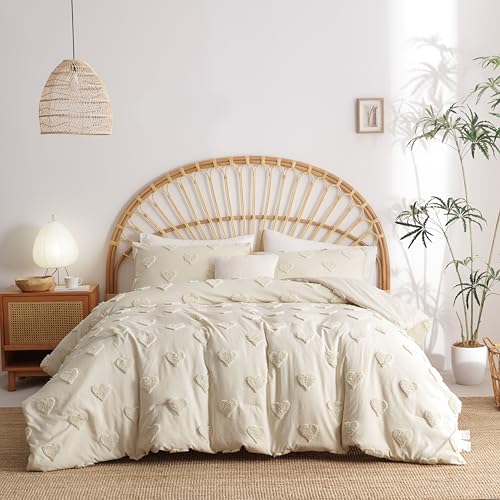 Image of Tufted Comforter Set Queen Size Beige Heart Tufted Comforter Boho Hearts Tufted Bed Set 3 Pieces Shabby Chic Embroidery Soft Jacquard Bedding for All Seasons with 2 Pillowshams