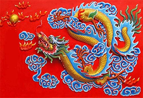 Laeacco 7X5Ft Chinese Golden Dragon Statue Retro Red Backdrop Chinese New Year Photography Backdrop China Spring Festival Holiday Celebration Backdrop Auspicious Clouds Painting Best Wishes Photo Prop #TOP1