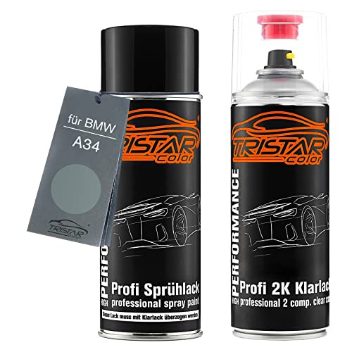 TRISTARcolor Autolack 2K Spraydosen Set für BMW A34 Arktis Metallic/Arctic Metallic Basislack 2 Komponenten Klarlack Sprühdose