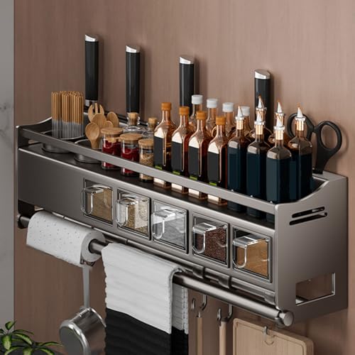 Estante de especias de pared con ganchos y soporte para toallas de papel, estante de almacenamiento de cocina para condimentos, organizador que ahorra espacio para artículos esenciales de cocina