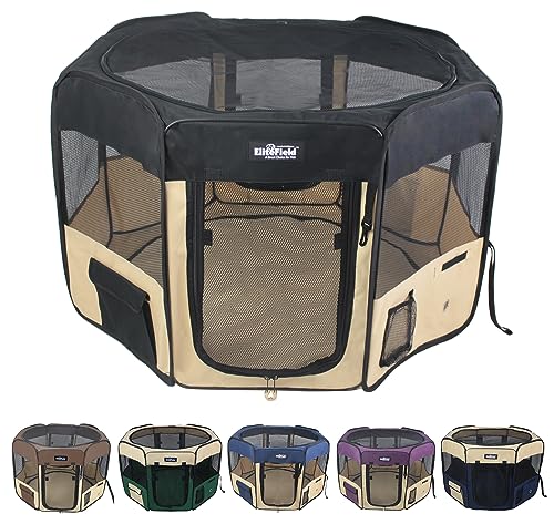 EliteField 2-Door Soft Pet Playpen (2 Year Warranty), Exercise Pen, Multiple Sizes and Colors Available for Dogs, Cats and Other Pets (36' x 36' x 24'H, Black+Beige)