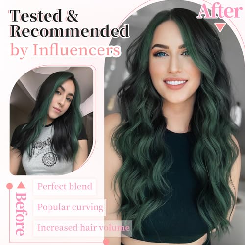 Image of KooKaStyle Wavy Thick Clip in Hair Extensions 24 inch Black to Green Ombre | 4 Pieces Clip in Extensions,Fiber Double Weft Hairpieces,Natural Volume,Beach Wave Long Synthetic Hairpieces for Women