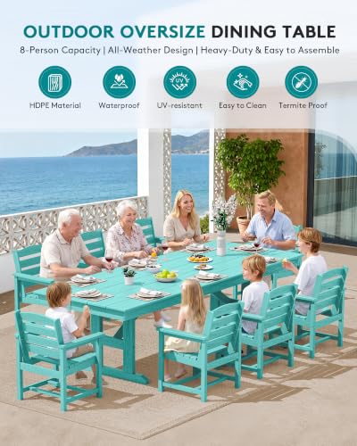 Image of SERWALL Outdoor 84 inch HDPE Rectangular Dining Table for 6-8,All-Weather,Aruba | Durable 84 inch rectangular dining table seats 6-8, with pre-cut umbrella hole for outdoor dining and gatherings.