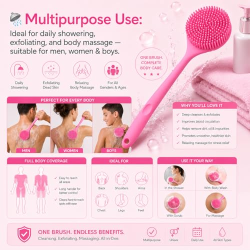 Image of ANTIL'S Soft Silicone Back Scrubber with Long Handle for Shower & Bath | Flexible Exfoliating Brush with Gentle Bristles for Smooth Skin | Body Scrubber for Men, Women & Boys | Ideal for Body Wash & Bathing (PINK) (PINK)