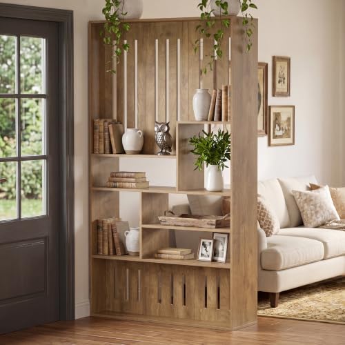 Tribesigns Wall Room Divider with Shelves 70.9 Modern Freestanding Room Divider Screen with Staggered Shelves Wooden Wall Partition for Home & Office Bedroom Brown