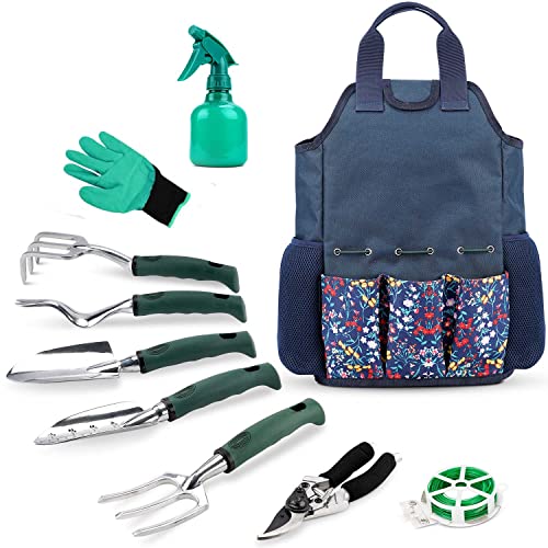 INNO STAGE Gardening Tools Set and Organizer Tote Bag with 10 Piece Garden Tools,Garden Gift Set,Vegetable Gardening Hand Tools Kit Bag with Garden Digging Claw Gardening Gloves-Blue
