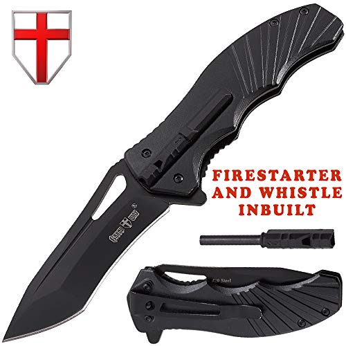 Pocket Folding Knife Black - Spring Assisted Boy Scouts Camping Knife with Firestarter