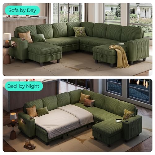 Image of LINSY HOME Sectional Sleeper Sofa with Pull Out Couch Bed - Convertible Plush Corduroy Cloud Couch with Storage Chaise & USB Charging, Comfy Modular Couches for Living Room, Green