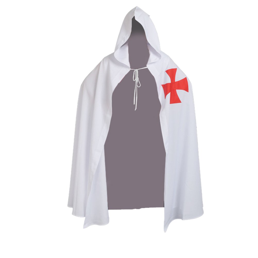 BLESSUME Medieval Templar Knight Cloak Hospitaller Hooded Robe Cape (White 1)