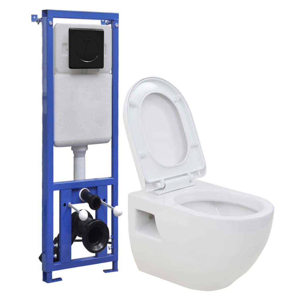 Inodoro suspendido con cisterna de cerámica, descenso automático, sin bordes, ahorro de agua, con asiento de cierre suave, 36 x 50 x 41,5 cm, para baño y aseo de invitados, fácil de limpiar