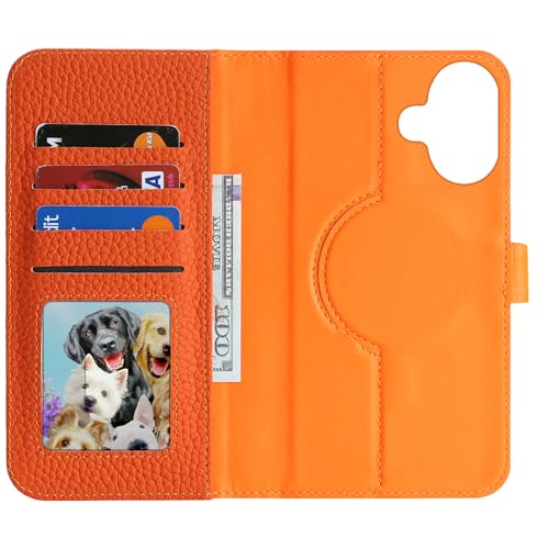 Image of Detachable Genuine Leather Case for iPhone 16 Wallet Case Magnetic 2in1 Removable Flip Cover Book Purse Compatible with Magsafe Charging Kickstand Card Holder-Orange