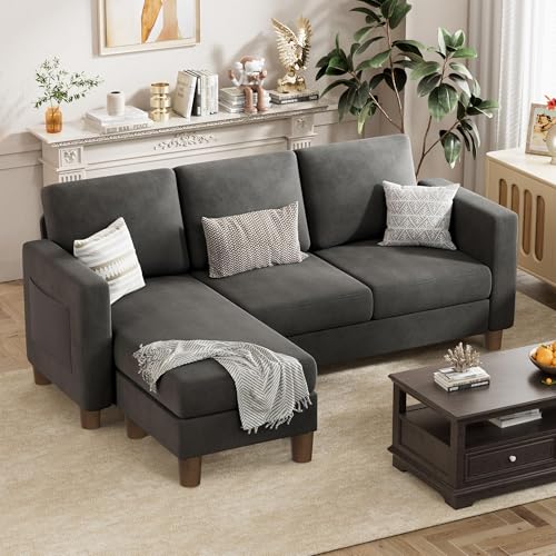 VICTONE Convertible Sectional Sofa Couch, 3 Seat L-Shaped Sofa with Linen Fabric Ottoman Small Couch for Small Apartments, Living Room and Office (Linen Fabric, Dark Gray)
