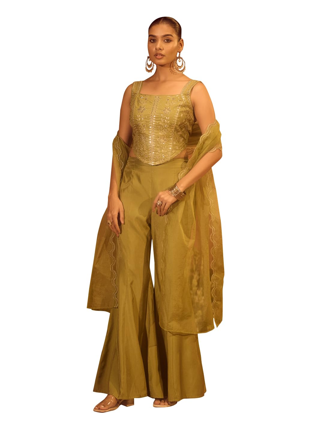 Women Olive Green Viscose Chanderi Embroidered Ethnic Top Palazzo Set with Dupatta