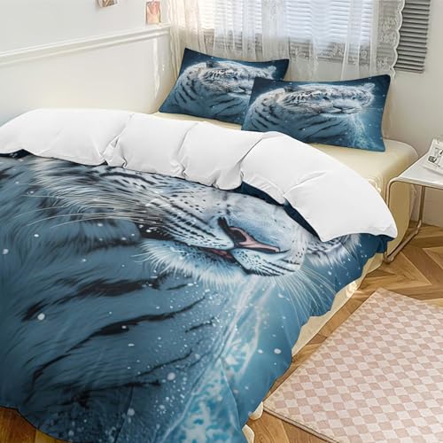 Housse de couette tigre blanc 3D parure de lit microfibre douce avec fermeture éclair 200x200