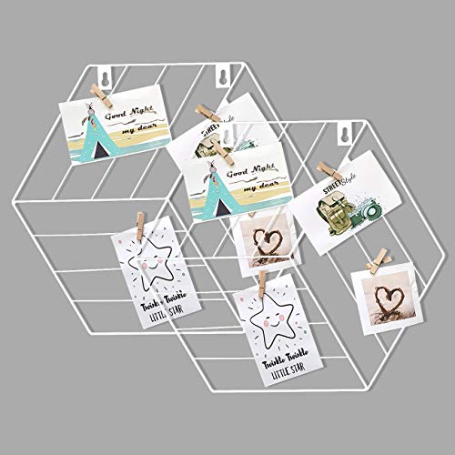 Image of Art Street White Color Hexagon Shape DIY Metal Photo grid wall for photo hanging, wall decoration and display (size- 35 x 40 cm) -Photo clips included-Pack of 2