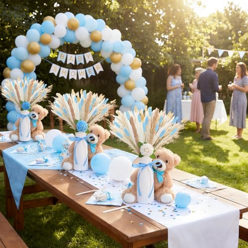 Relaxgiant 4 Sets 125 Pcs Bear Baby Shower Table Centerpiece with Bear Stuffed Animals Blue Dried Pampas Grass Artificial Flower Plastic Vase for Boho Wedding Bridal Reveal Birthday Baby Shower Decor by Relaxgiant - Used condition - Image 7