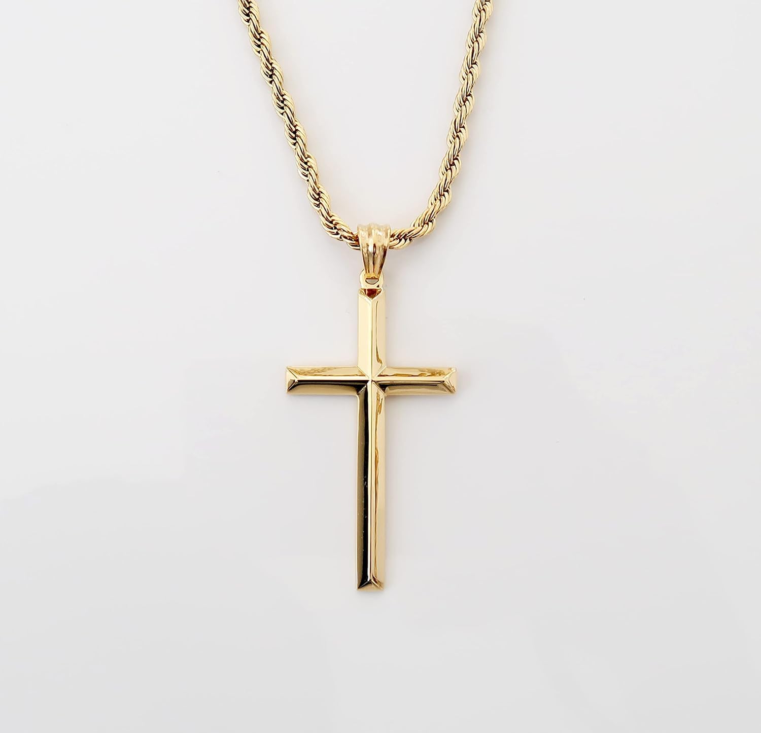 Collar con colgante de cruz de oro de 18 quilates para hombres y mujeres, cadena cubana de cuerda de 3 mm con cierre sólido realmente fuerte, regalo para marido, esposa, bordes
