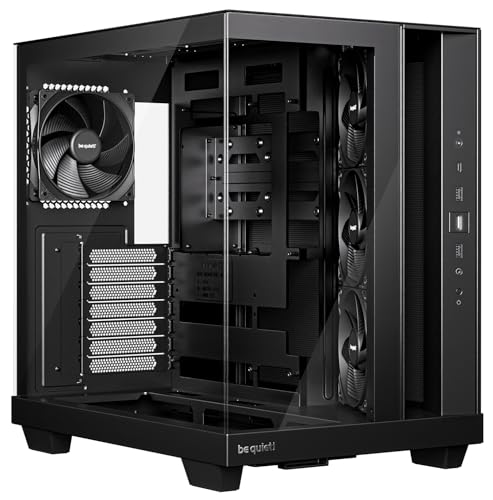 be quiet! Light Base 500 Black PC-Gehäuse, vollständig verglaste Front und Seitenfenster, Show Case, Dual Chamber Design, 4 Pure Wings 3 PWM-Lüfter, kein RGB, Anschlussdesign auf der Rückseite
