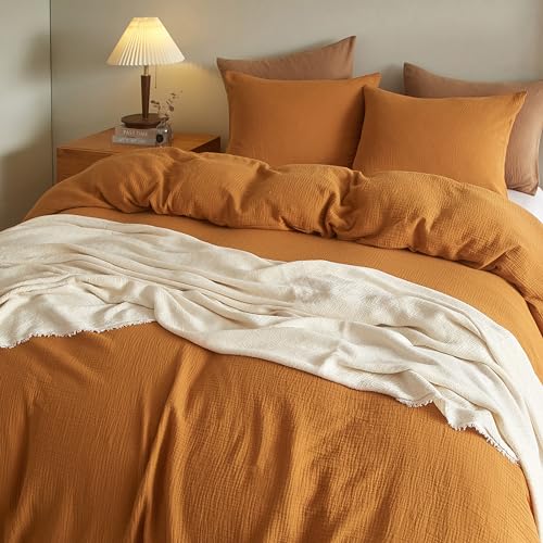 SE SOFTEXLY Muslin Duvet Cover King Size, 100% Washed Cotton Duvet Cover Set, Ultra Soft Comforter Cover Linen Like, 3 Pieces Minimalist Gauze Duvet Cover with 2 Pillowcases, 90"x104", Pumpkin