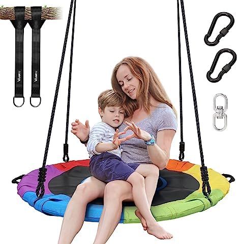 FEELING MALL Tree Swing, Large Rope Swing with Children Swing Platform Bonus Carabiner for Hanging Rope Outdoor Flying Saucer (Rainbow, 40" Inch)