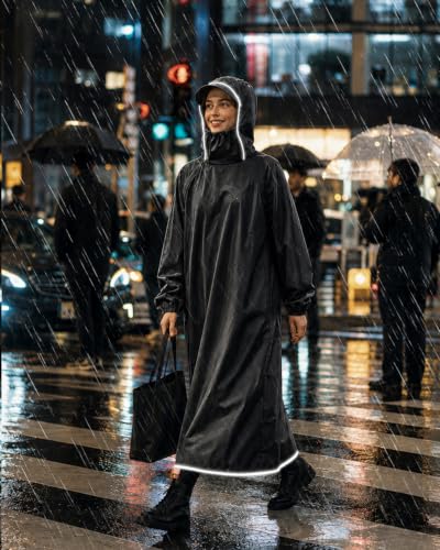 Image of ANYCHO Long Rain Coat for Men Waterproof and Women, Unisex Raincoat for Women Waterproof with 10cm Extra-High Collar & Reflective Stripe, Oxford Rain Poncho for Travel, Hiking, Motorcycle Riding
